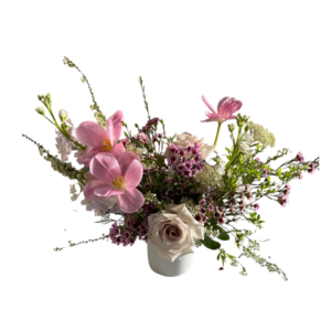 Pinks and Lilac Mix Flowers in Small Ceramic Vase